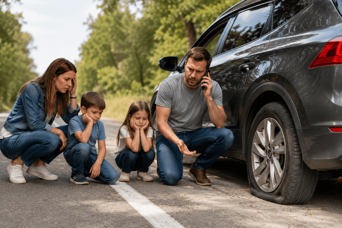 Family roadside with flat tire — call More Miles Tires